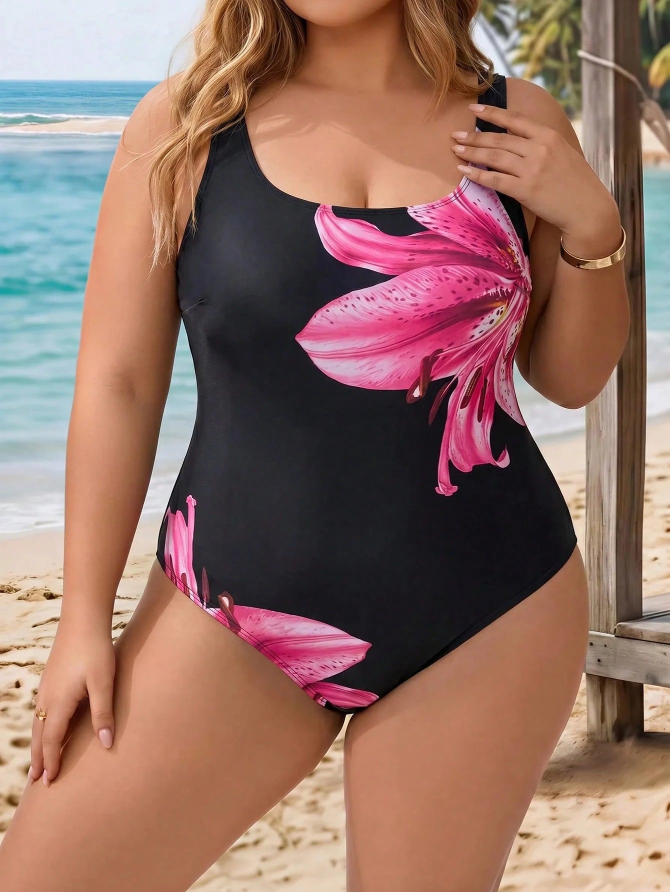 CURVE+ 2026 Plus Size Floral Print One-Piece Swimsuit For Beach & Resort