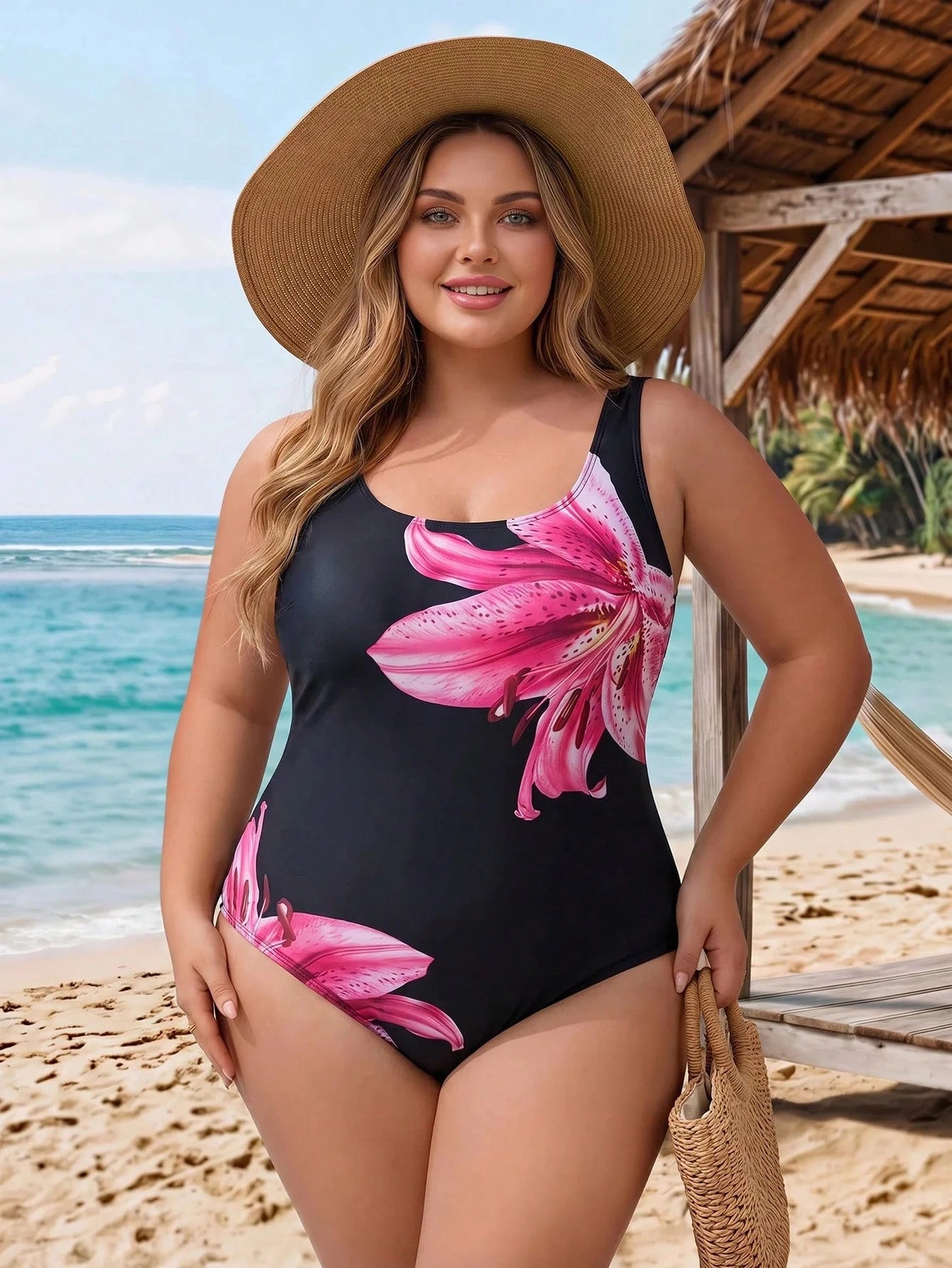 CURVE+ 2026 Plus Size Floral Print One-Piece Swimsuit For Beach & Resort