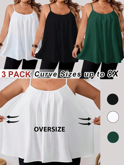 CURVE+ [3pcs Pack]Plus Size Women Loose Fit Camisole Vest Tops, Black, White, Pink, Casual And Elegant For Daily Wear & Vacation, Outfits Beach