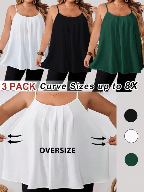 CURVE+ [3pcs Pack]Plus Size Women Loose Fit Camisole Vest Tops, Black, White, Pink, Casual And Elegant For Daily Wear & Vacation, Outfits Beach
