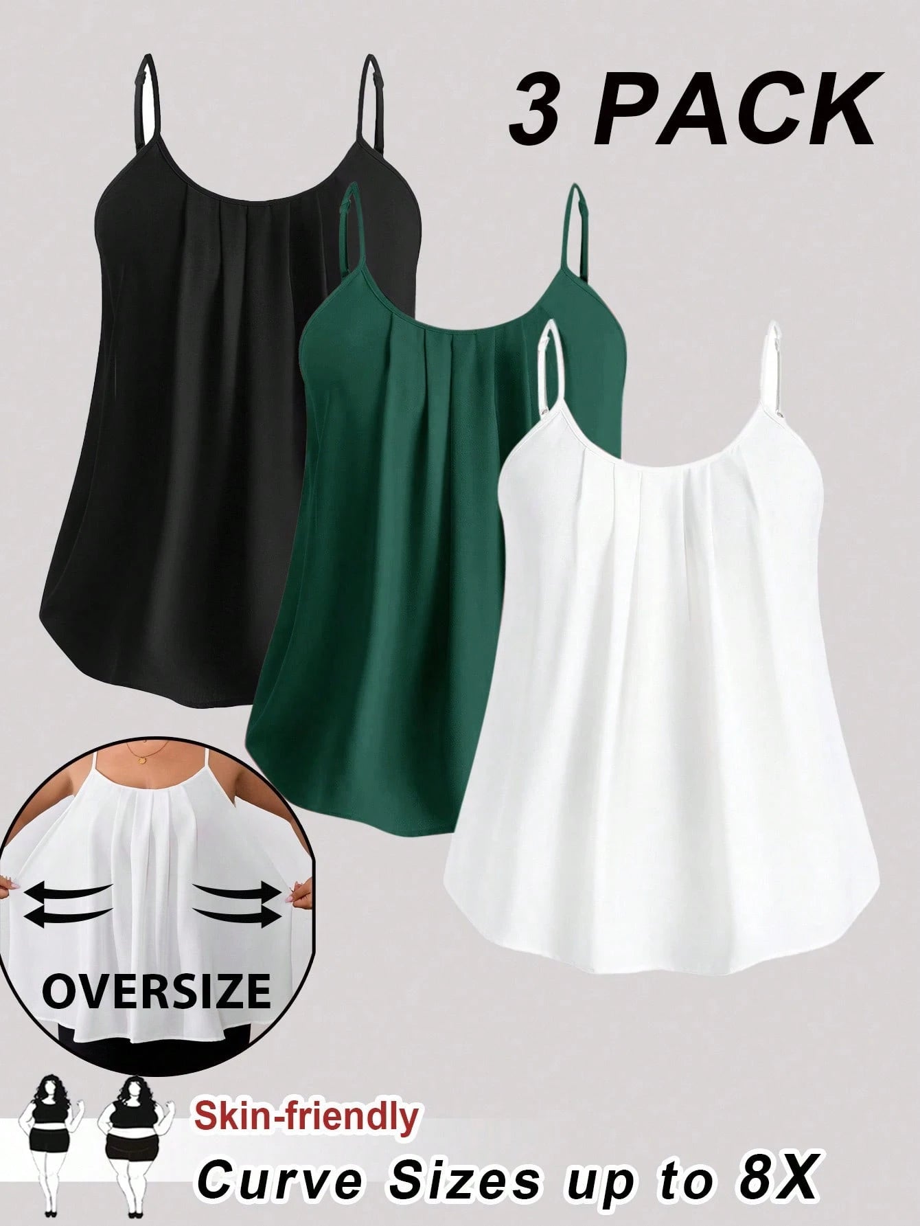 CURVE+ [3pcs Pack]Plus Size Women Loose Fit Camisole Vest Tops, Black, White, Pink, Casual And Elegant For Daily Wear & Vacation, Outfits Beach