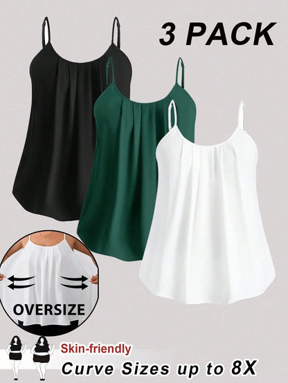 CURVE+ [3pcs Pack]Plus Size Women Loose Fit Camisole Vest Tops, Black, White, Pink, Casual And Elegant For Daily Wear & Vacation, Outfits Beach
