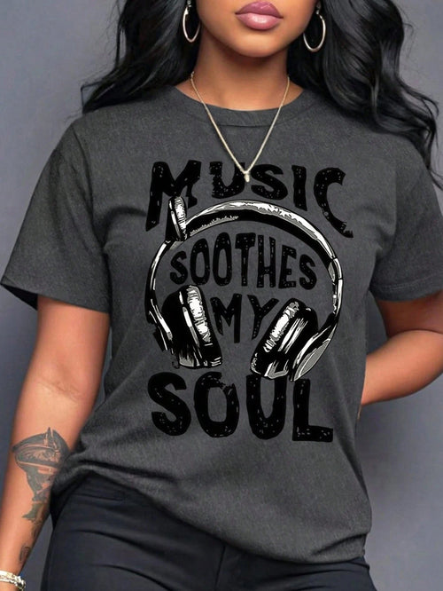CURVE+ Music Soothes My Soul Letter Slogan Plus Size Crew Neck Short Sleeve T-Shirt, Plus Size
