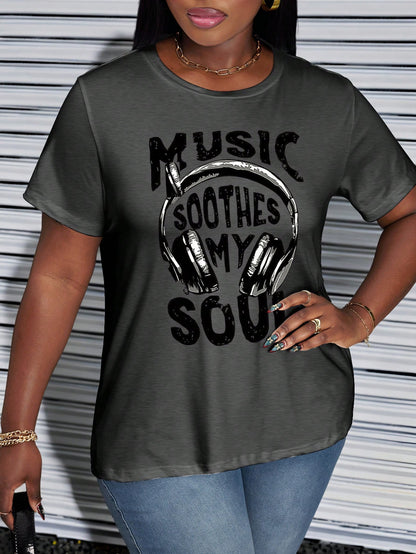 CURVE+ Music Soothes My Soul Letter Slogan Plus Size Crew Neck Short Sleeve T-Shirt, Plus Size