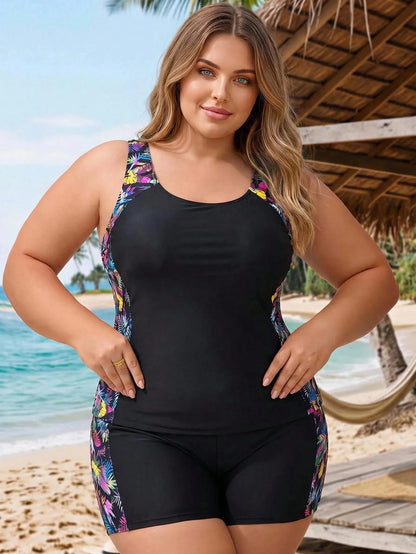CURVE+ Plus Size Solid Color Vest Style Bikini With Tropical Print, Beach Outfit Tankini Set Bathing Suit Summer,Summer Beach