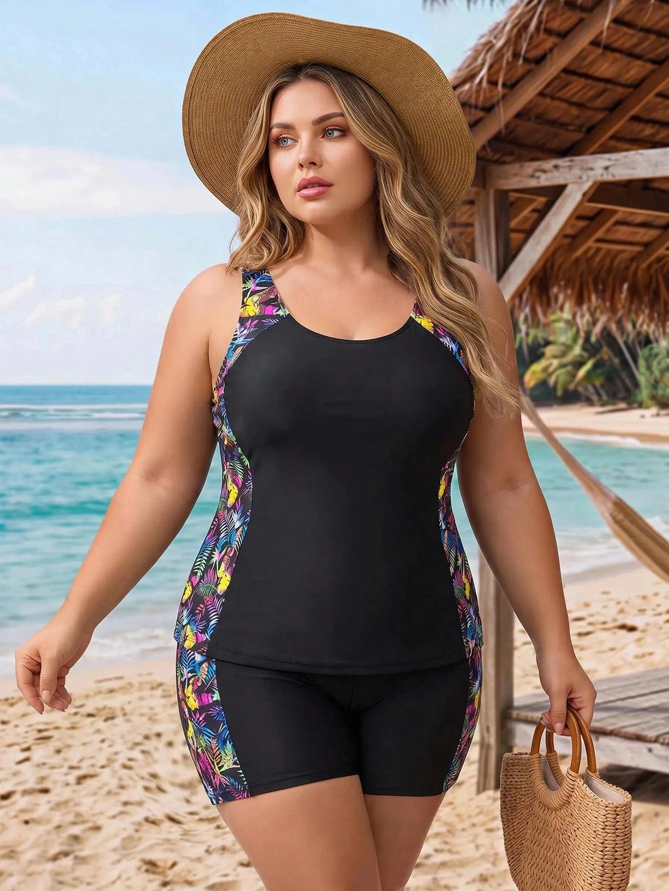 CURVE+ Plus Size Solid Color Vest Style Bikini With Tropical Print, Beach Outfit Tankini Set Bathing Suit Summer,Summer Beach
