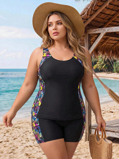 CURVE+ Plus Size Solid Color Vest Style Bikini With Tropical Print, Beach Outfit Tankini Set Bathing Suit Summer,Summer Beach