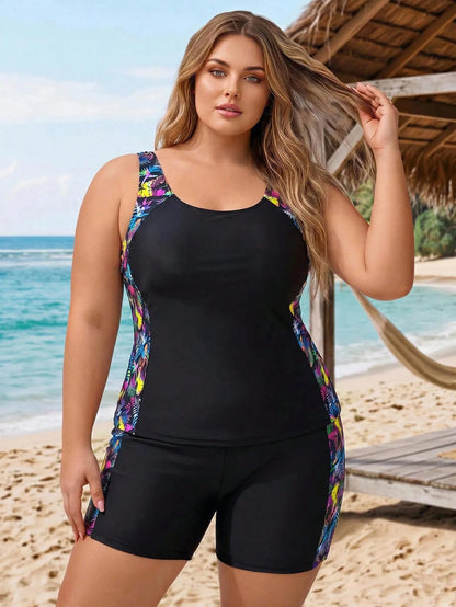 CURVE+ Plus Size Solid Color Vest Style Bikini With Tropical Print, Beach Outfit Tankini Set Bathing Suit Summer,Summer Beach