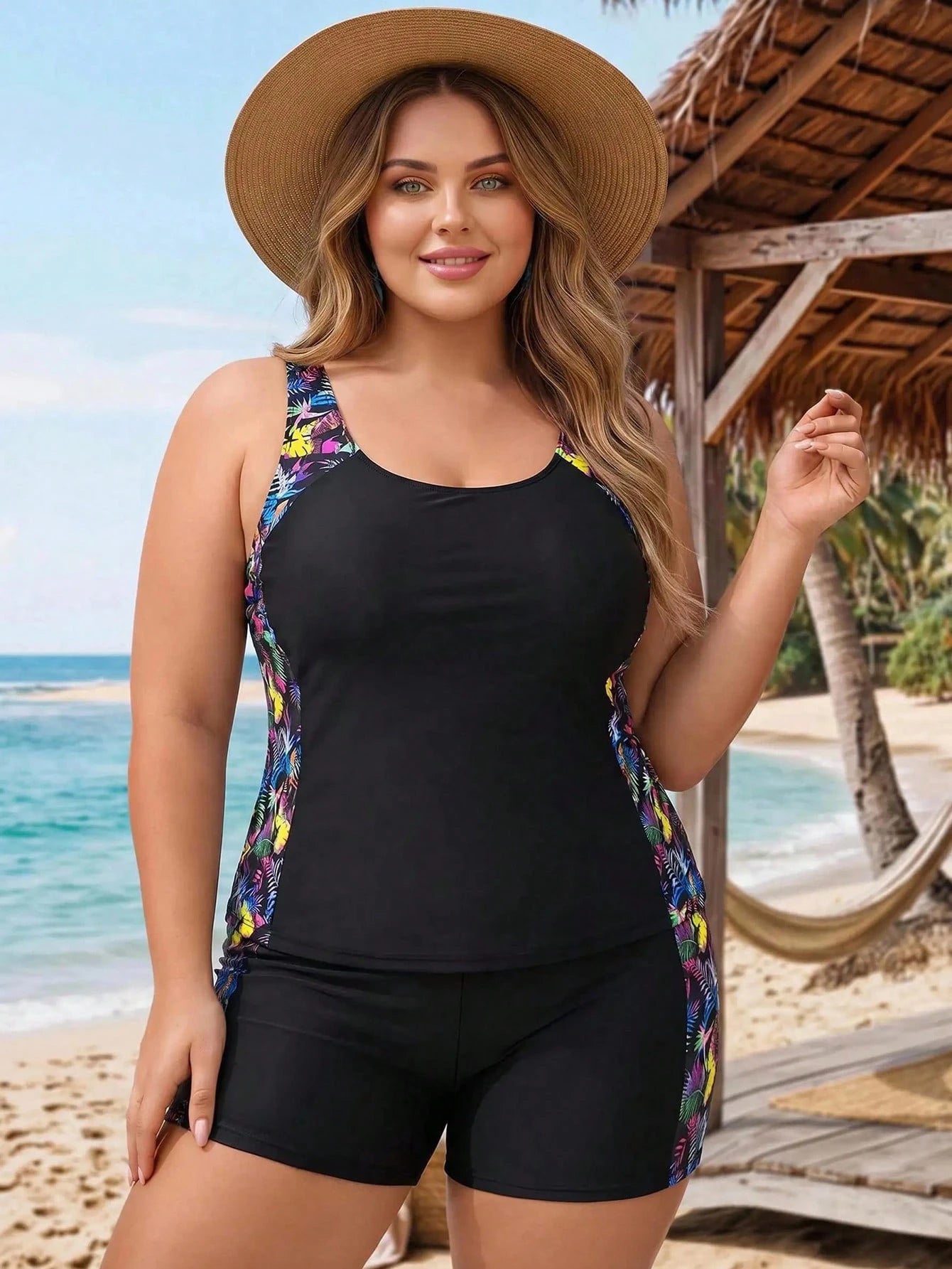 CURVE+ Plus Size Solid Color Vest Style Bikini With Tropical Print, Beach Outfit Tankini Set Bathing Suit Summer,Summer Beach