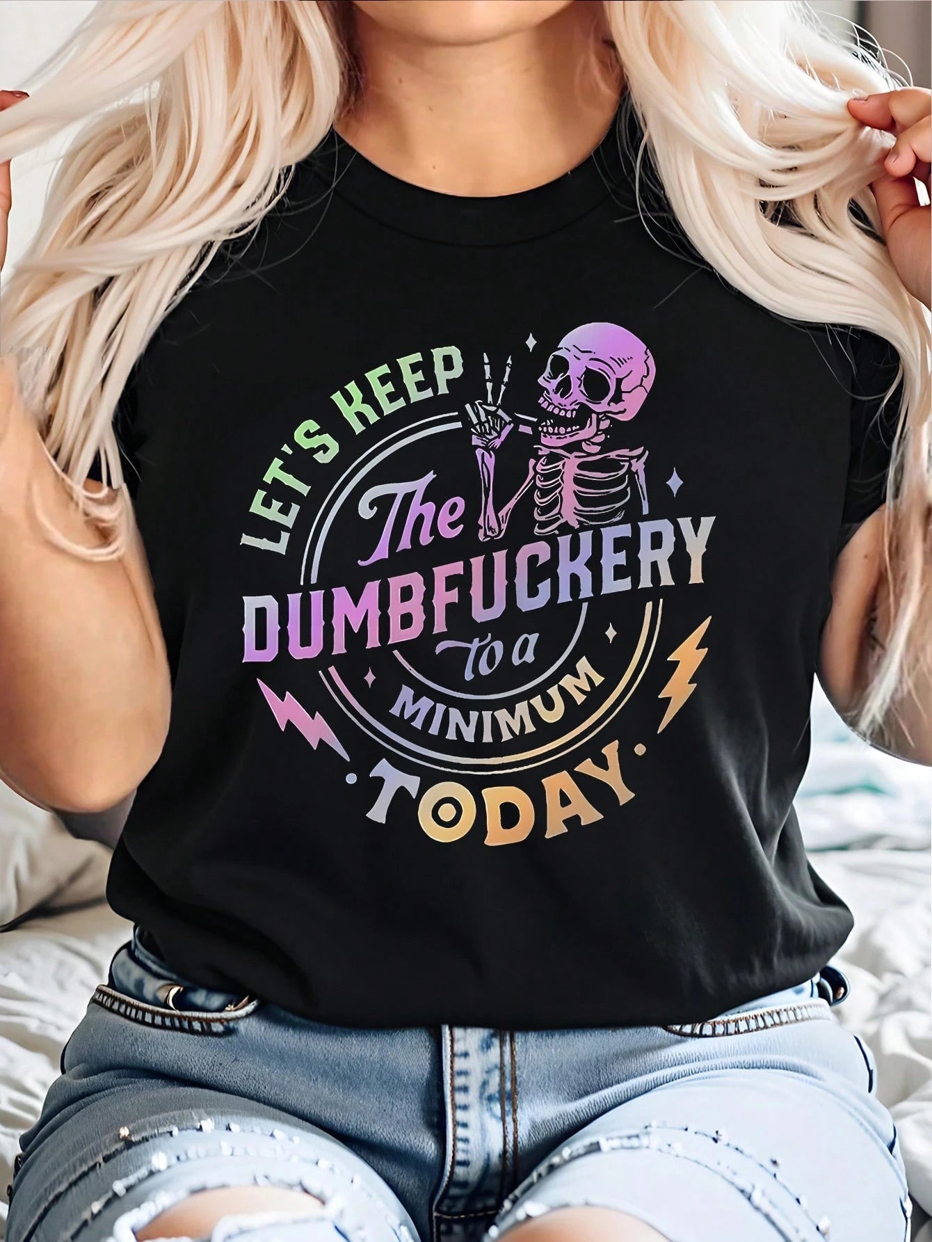 CURVE+ Plus Size Summer Casual Letter & Skull Print Round Neck Short Sleeve T-Shirt