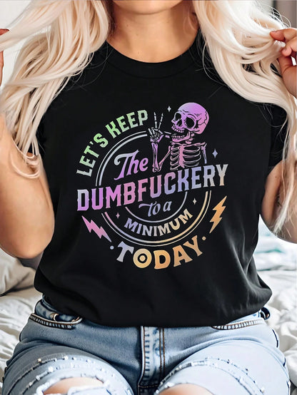 CURVE+ Plus Size Summer Casual Letter & Skull Print Round Neck Short Sleeve T-Shirt