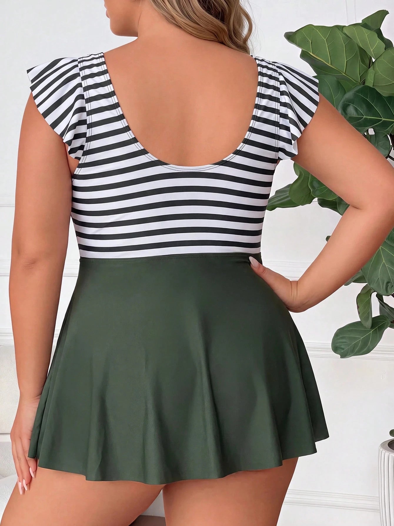 CURVE+ Plus Size Women's Beach Vacation Patchwork Striped Cap Sleeve Swim Dress With Swim Bottoms