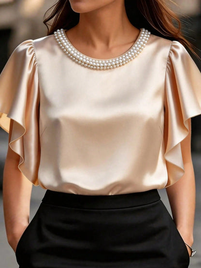 CURVE+ Plus Size Women's Bead Decor Satin Simple Elegant Blouse