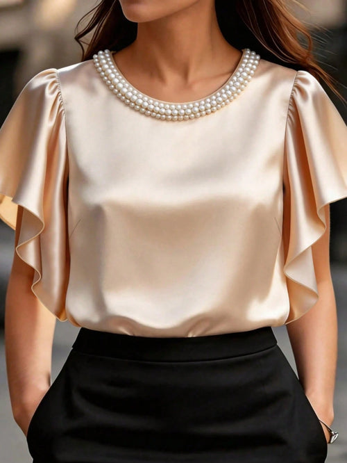 CURVE+ Plus Size Women's Bead Decor Satin Simple Elegant Blouse