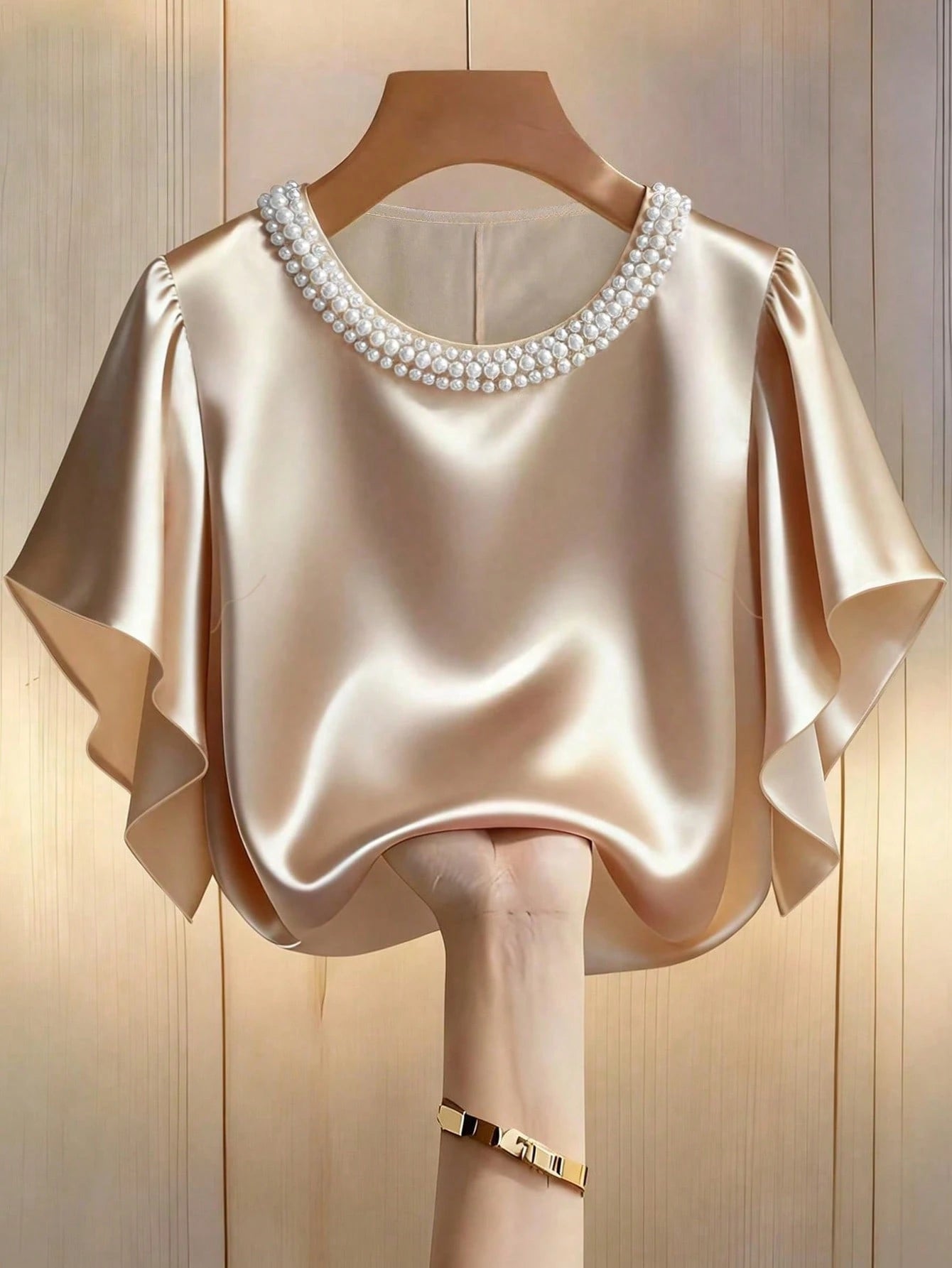 CURVE+ Plus Size Women's Bead Decor Satin Simple Elegant Blouse