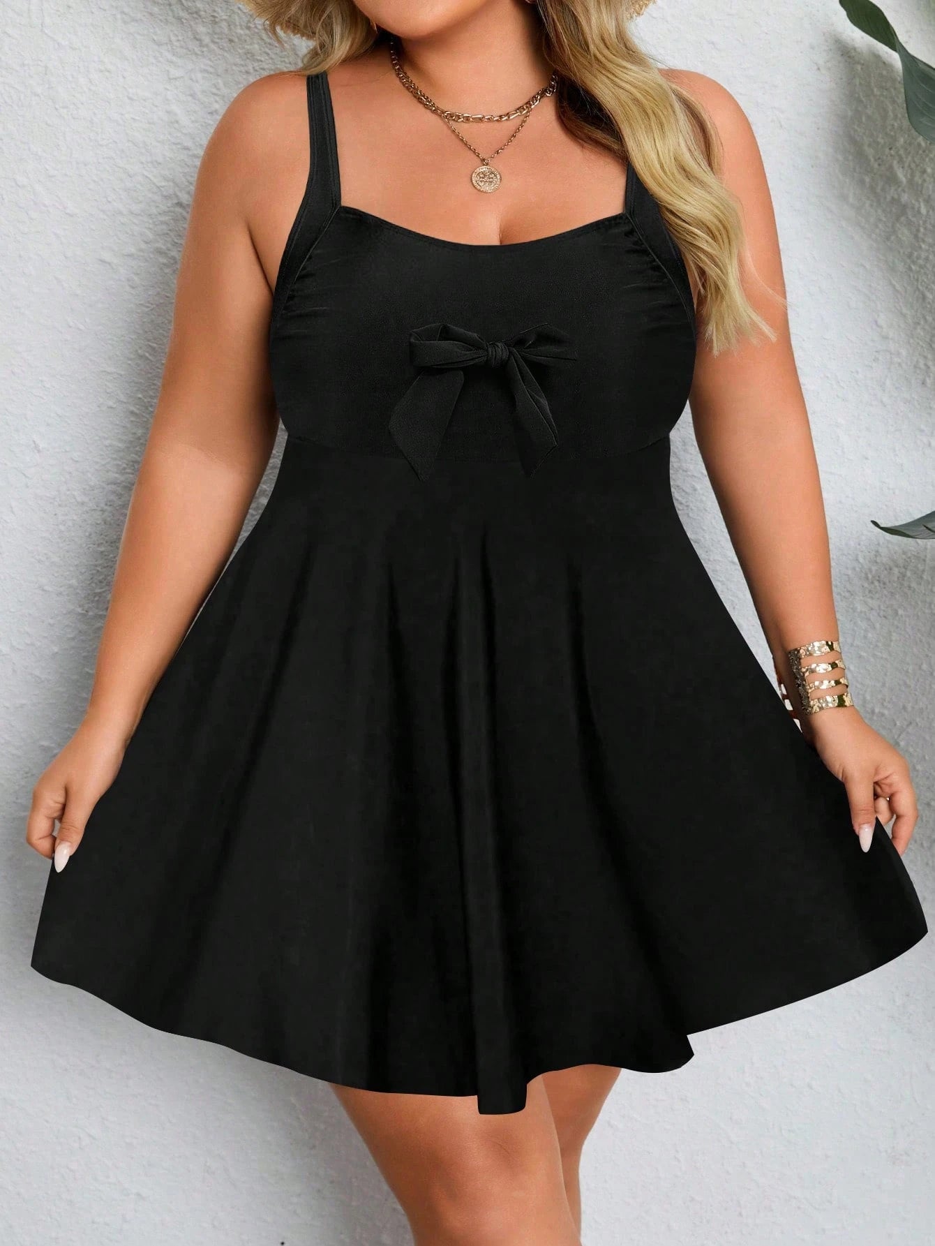 CURVE+ Plus Size Women's Black & White Polka Dot Tankini Swimsuit Set With Skirt, Conservative Beach Coverup For Summer Beach Vacation