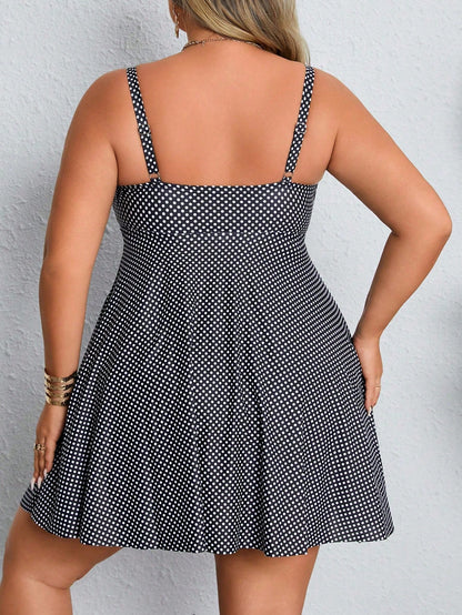CURVE+ Plus Size Women's Black & White Polka Dot Tankini Swimsuit Set With Skirt, Conservative Beach Coverup For Summer Beach Vacation