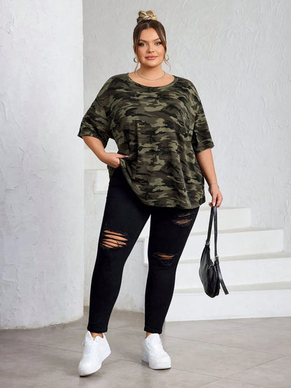 CURVE+ Plus Size Women's Camouflage Printed Round Neck Short Sleeved Casual Cowboy Business Casual T-Shirt, Suitable For Spring And Summer Travel, Curve Plus