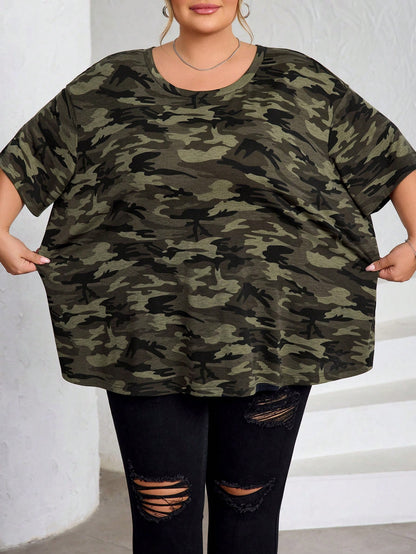 CURVE+ Plus Size Women's Camouflage Printed Round Neck Short Sleeved Casual Cowboy Business Casual T-Shirt, Suitable For Spring And Summer Travel, Curve Plus