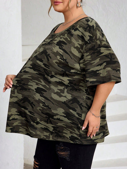 CURVE+ Plus Size Women's Camouflage Printed Round Neck Short Sleeved Casual Cowboy Business Casual T-Shirt, Suitable For Spring And Summer Travel, Curve Plus