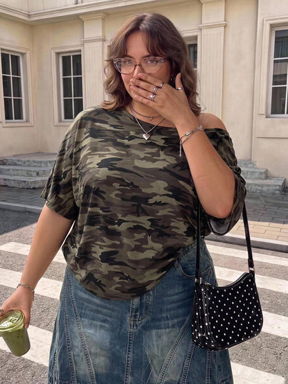CURVE+ Plus Size Women's Camouflage Printed Round Neck Short Sleeved Casual Cowboy Business Casual T-Shirt, Suitable For Spring And Summer Travel, Curve Plus