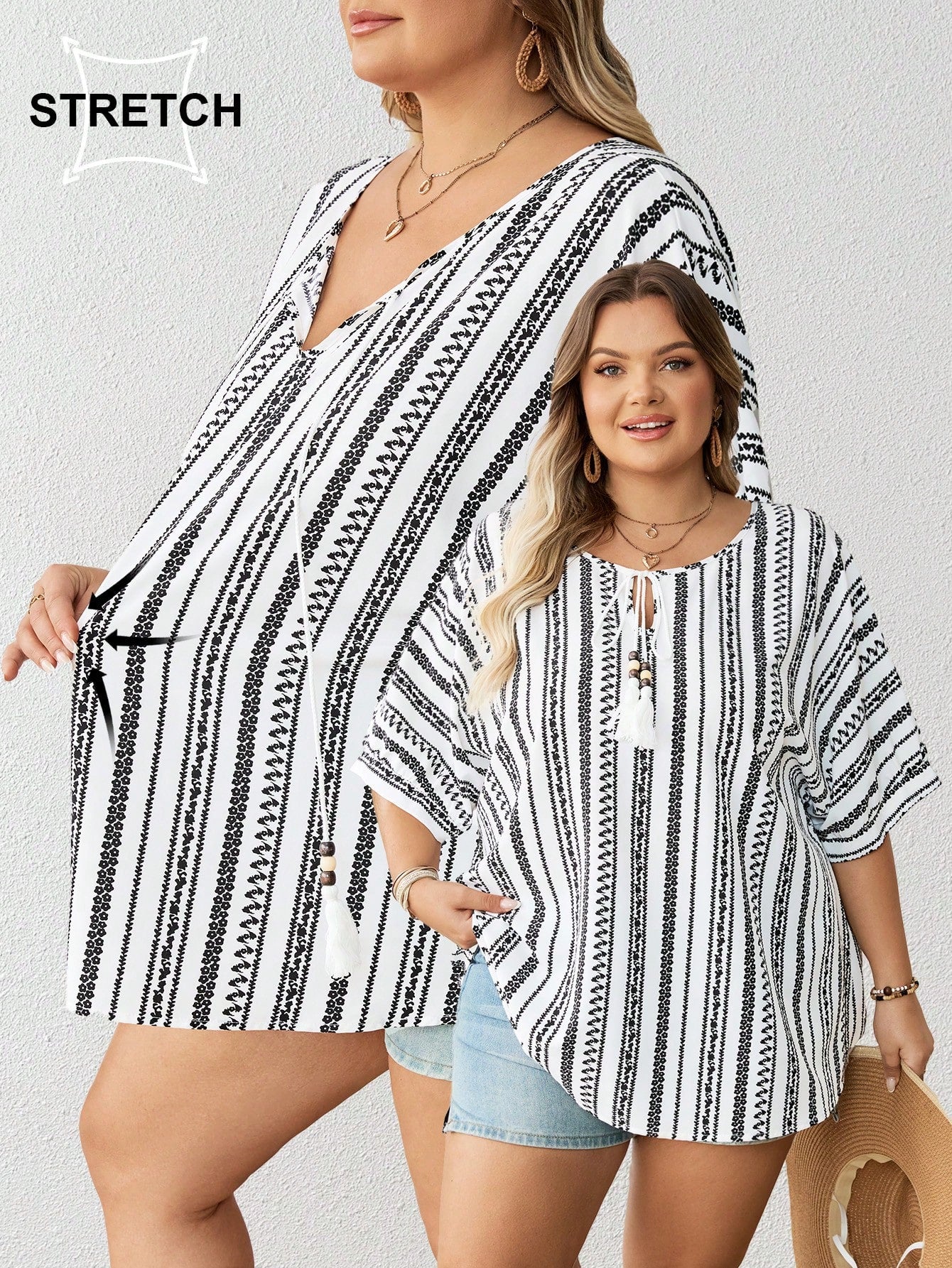 CURVE+ Plus Size Women's Geometric Pattern Tassel Front Tie Blouse Vacation White Summer Casual Boho