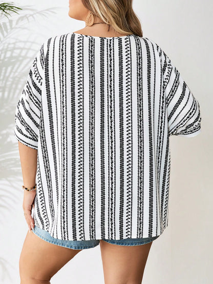 CURVE+ Plus Size Women's Geometric Pattern Tassel Front Tie Blouse Vacation White Summer Casual Boho