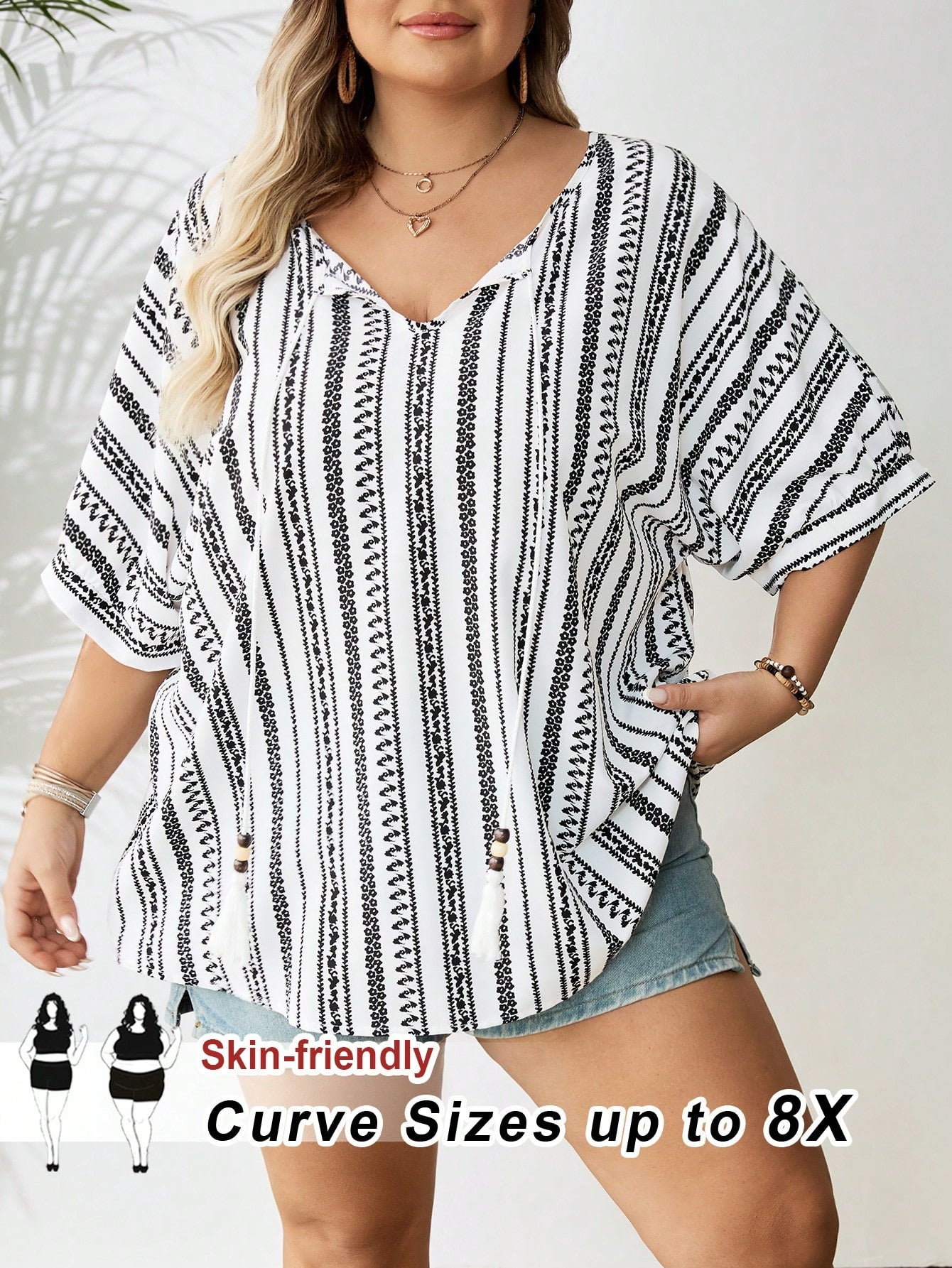 CURVE+ Plus Size Women's Geometric Pattern Tassel Front Tie Blouse Vacation White Summer Casual Boho