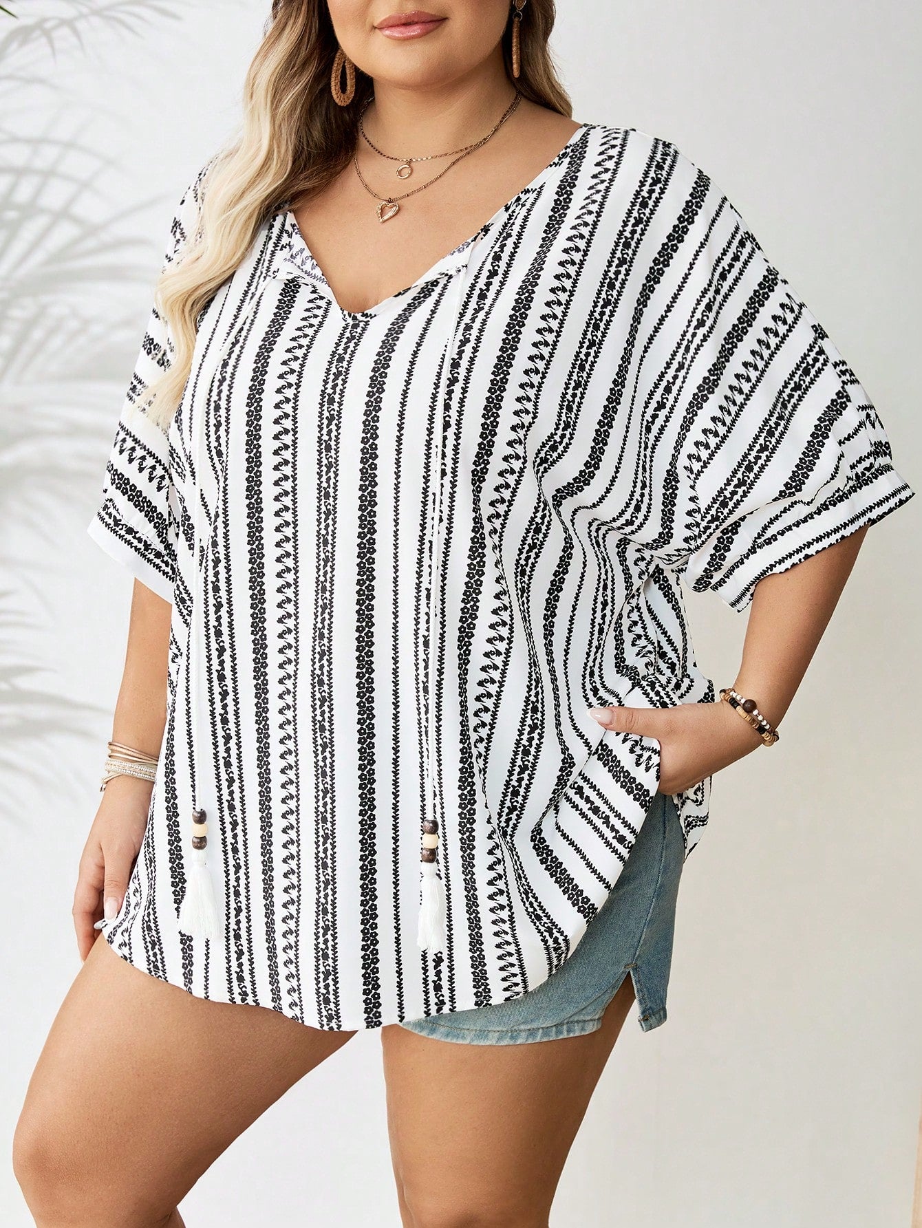 CURVE+ Plus Size Women's Geometric Pattern Tassel Front Tie Blouse Vacation White Summer Casual Boho