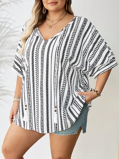 CURVE+ Plus Size Women's Geometric Pattern Tassel Front Tie Blouse Vacation White Summer Casual Boho