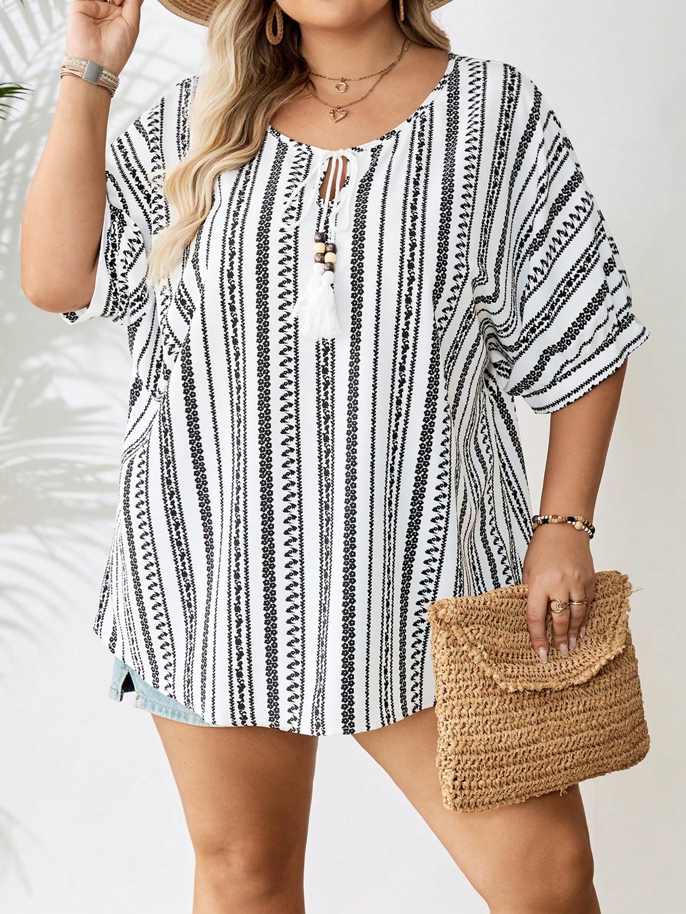 CURVE+ Plus Size Women's Geometric Pattern Tassel Front Tie Blouse Vacation White Summer Casual Boho