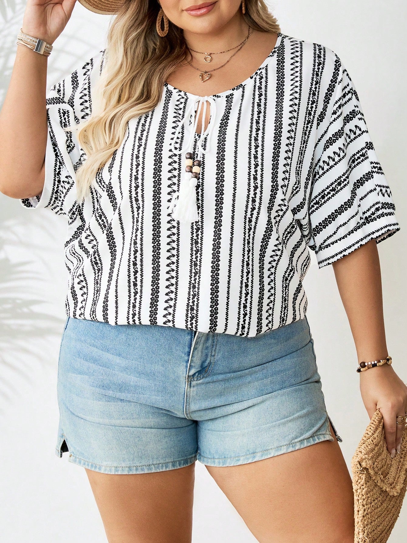 CURVE+ Plus Size Women's Geometric Pattern Tassel Front Tie Blouse Vacation White Summer Casual Boho