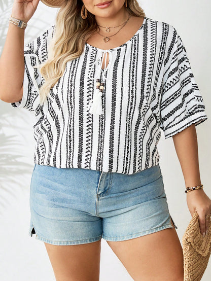 CURVE+ Plus Size Women's Geometric Pattern Tassel Front Tie Blouse Vacation White Summer Casual Boho