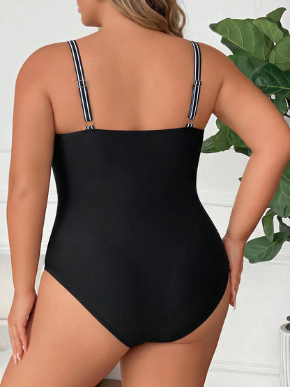 CURVE+ Plus Size Women's One-Piece Ribbed Swimsuit, Ruched Crossover Front, Simple Design Regular Leg Opening, Summer Beach Vacation