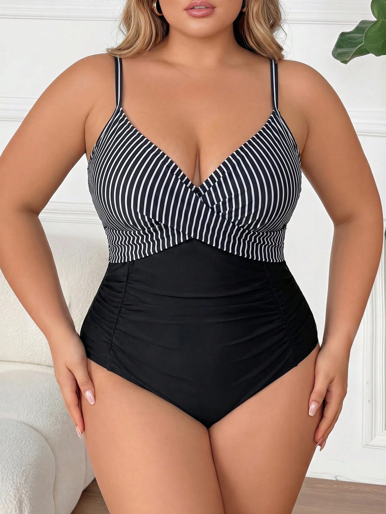 CURVE+ Plus Size Women's One-Piece Ribbed Swimsuit, Ruched Crossover Front, Simple Design Regular Leg Opening, Summer Beach Vacation