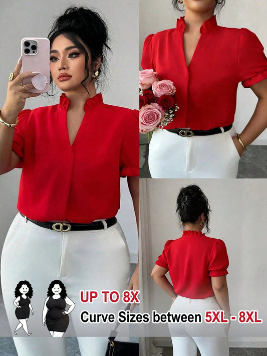 CURVE+ Plus Size Women's Solid Color Ruffle Trim Notch V-Neck Short Sleeve Blouse