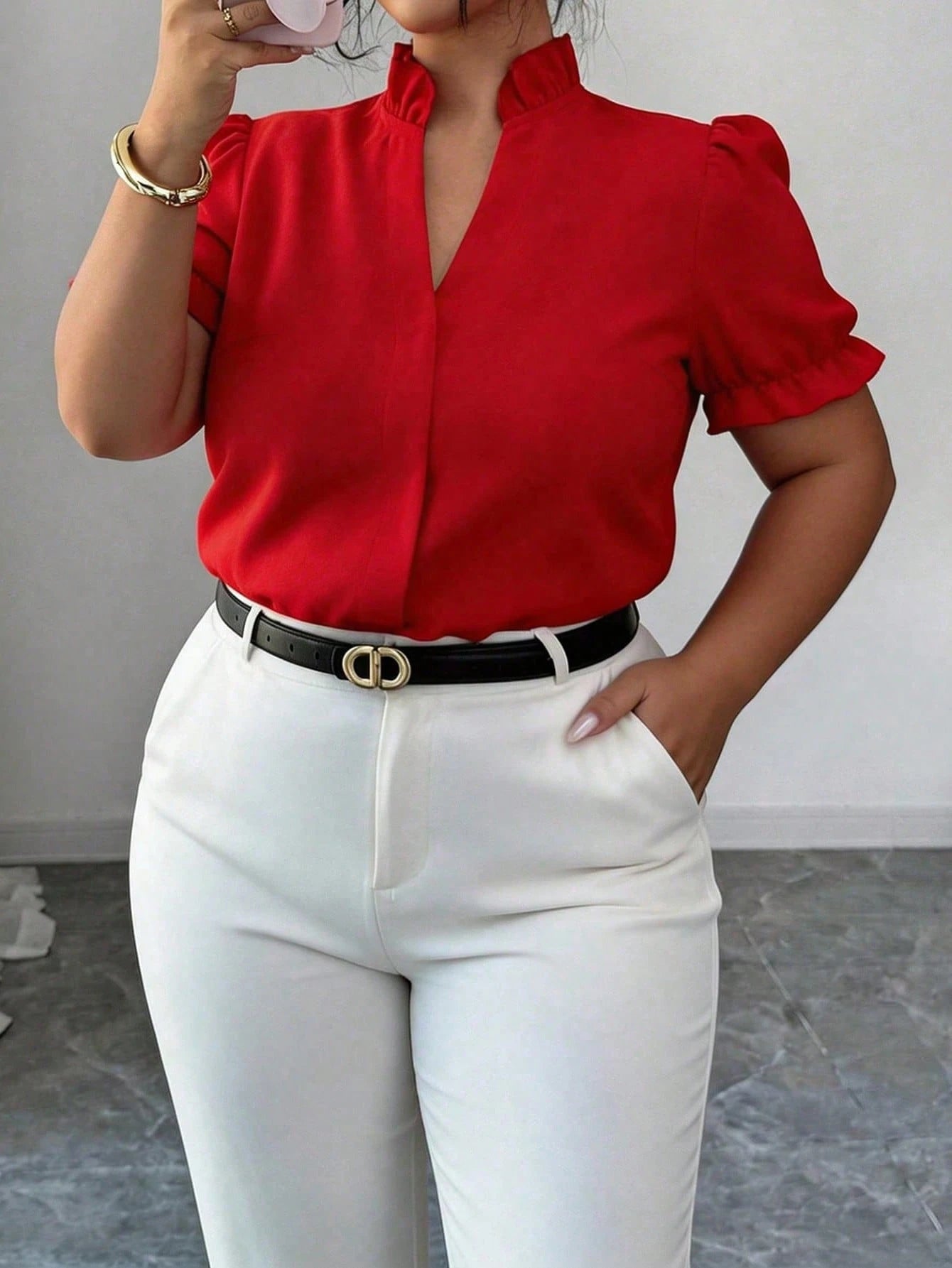 CURVE+ Plus Size Women's Solid Color Ruffle Trim Notch V-Neck Short Sleeve Blouse