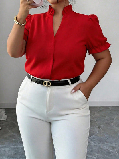 CURVE+ Plus Size Women's Solid Color Ruffle Trim Notch V-Neck Short Sleeve Blouse