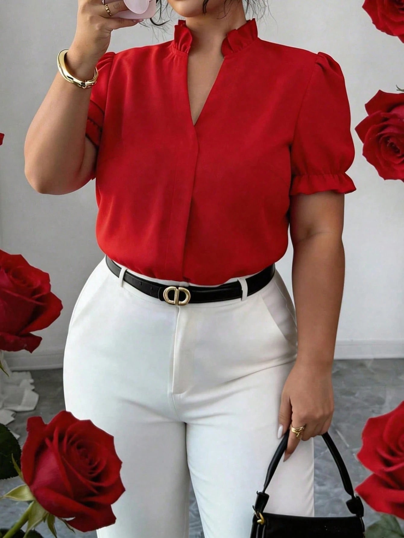 CURVE+ Plus Size Women's Solid Color Ruffle Trim Notch V-Neck Short Sleeve Blouse