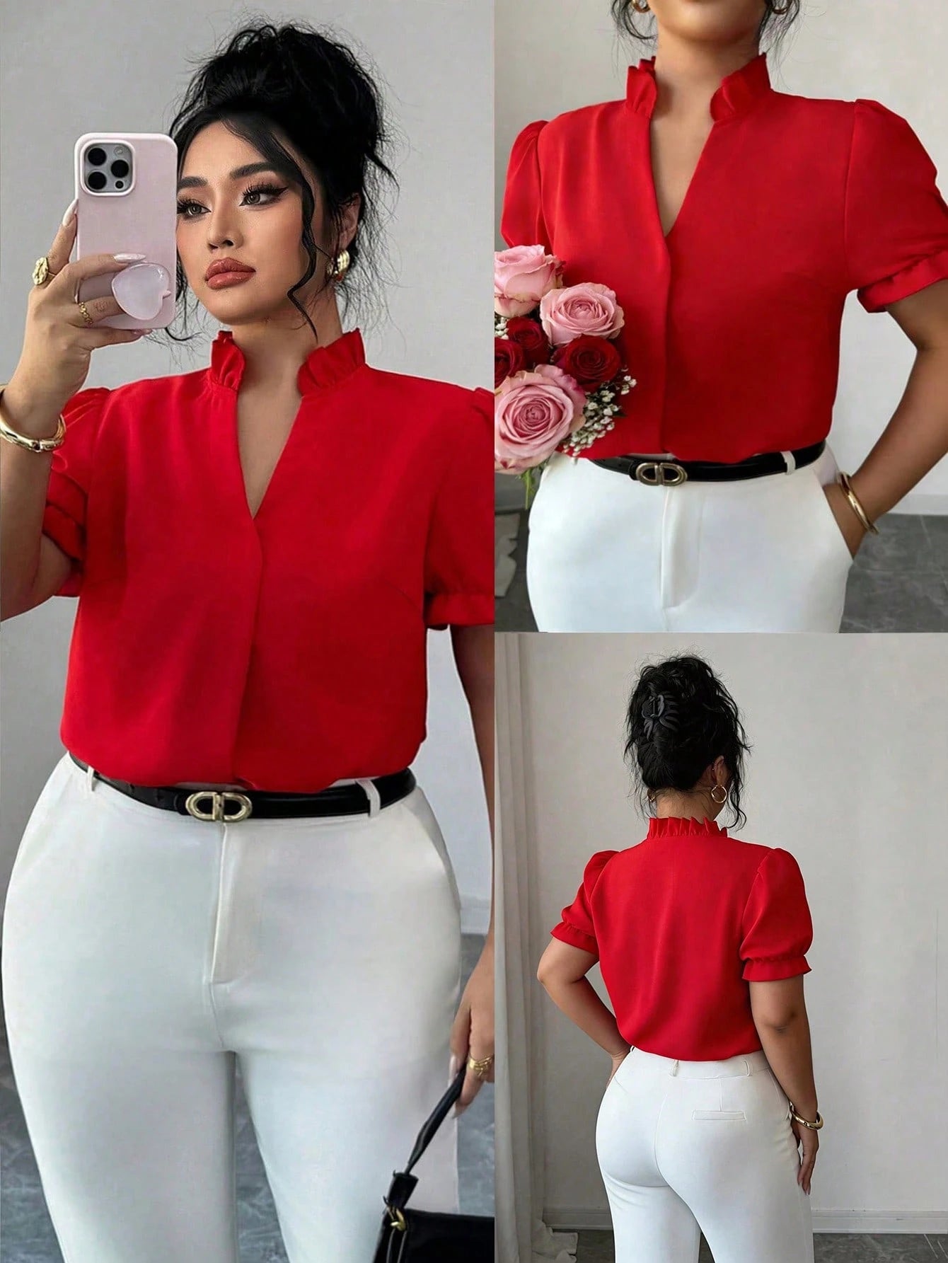 CURVE+ Plus Size Women's Solid Color Ruffle Trim Notch V-Neck Short Sleeve Blouse
