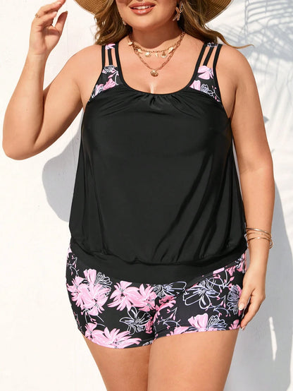 CURVE+ Plus Size Women's Summer Beach Vacation Floral Print Hollow Shoulder Scoop Neck Tankini Swimwear