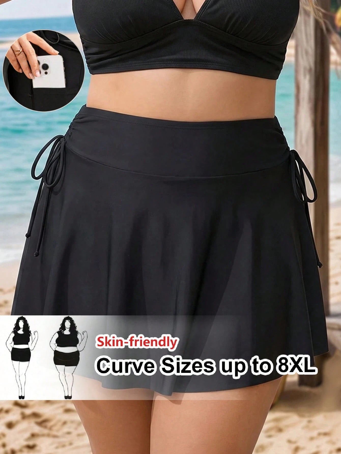 CURVE+ Plus Size Women Summer Beach Vacation Drawstring Ruched Twist Tankini Skirt