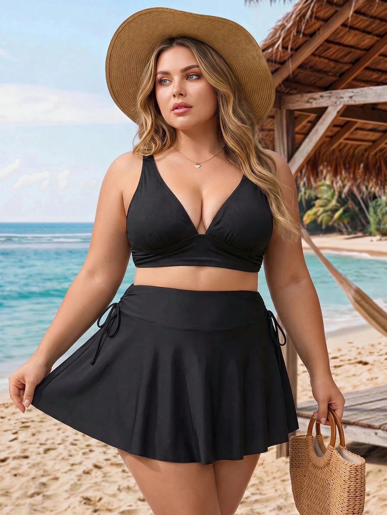 CURVE+ Plus Size Women Summer Beach Vacation Drawstring Ruched Twist Tankini Skirt