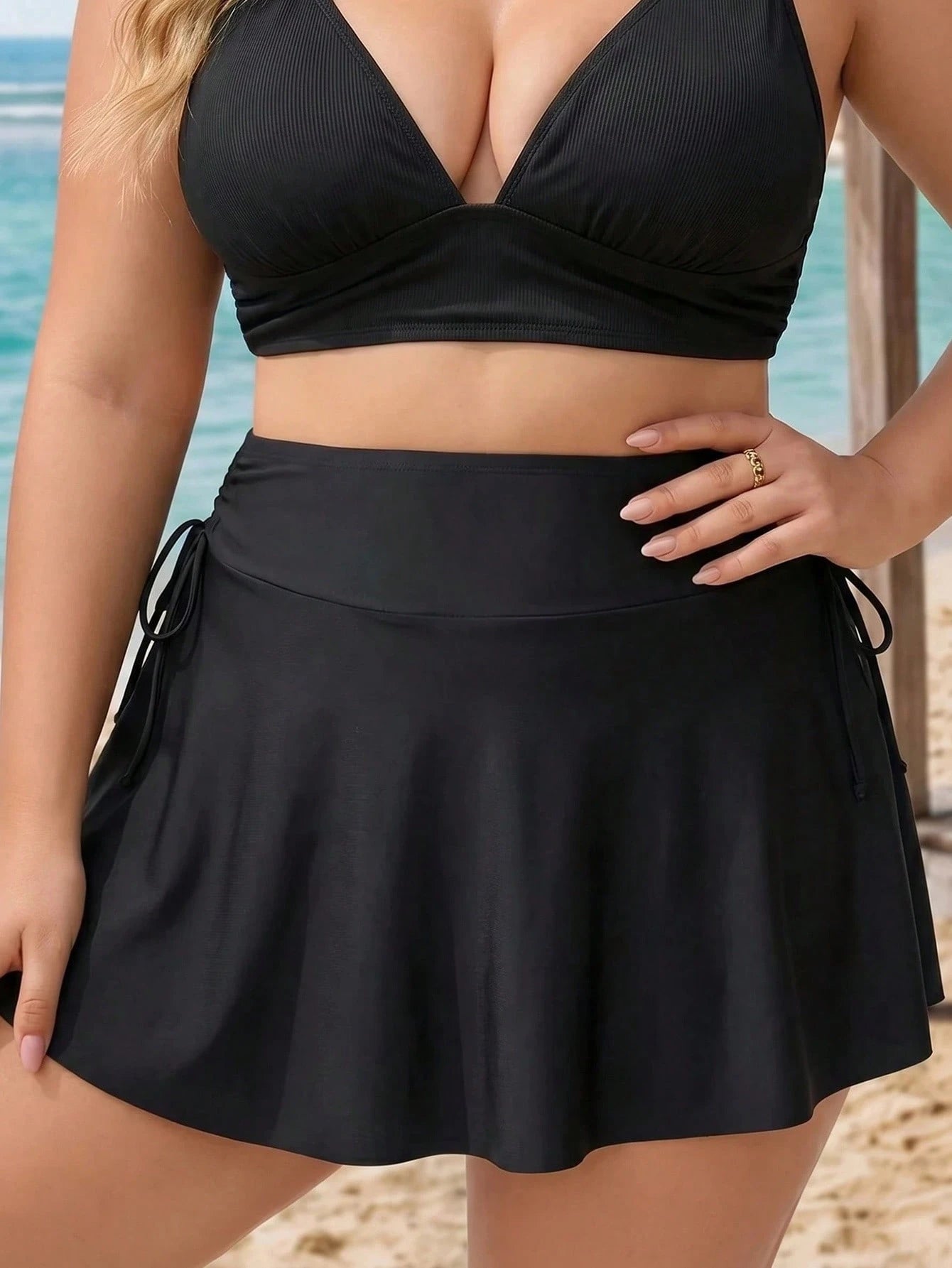 CURVE+ Plus Size Women Summer Beach Vacation Drawstring Ruched Twist Tankini Skirt
