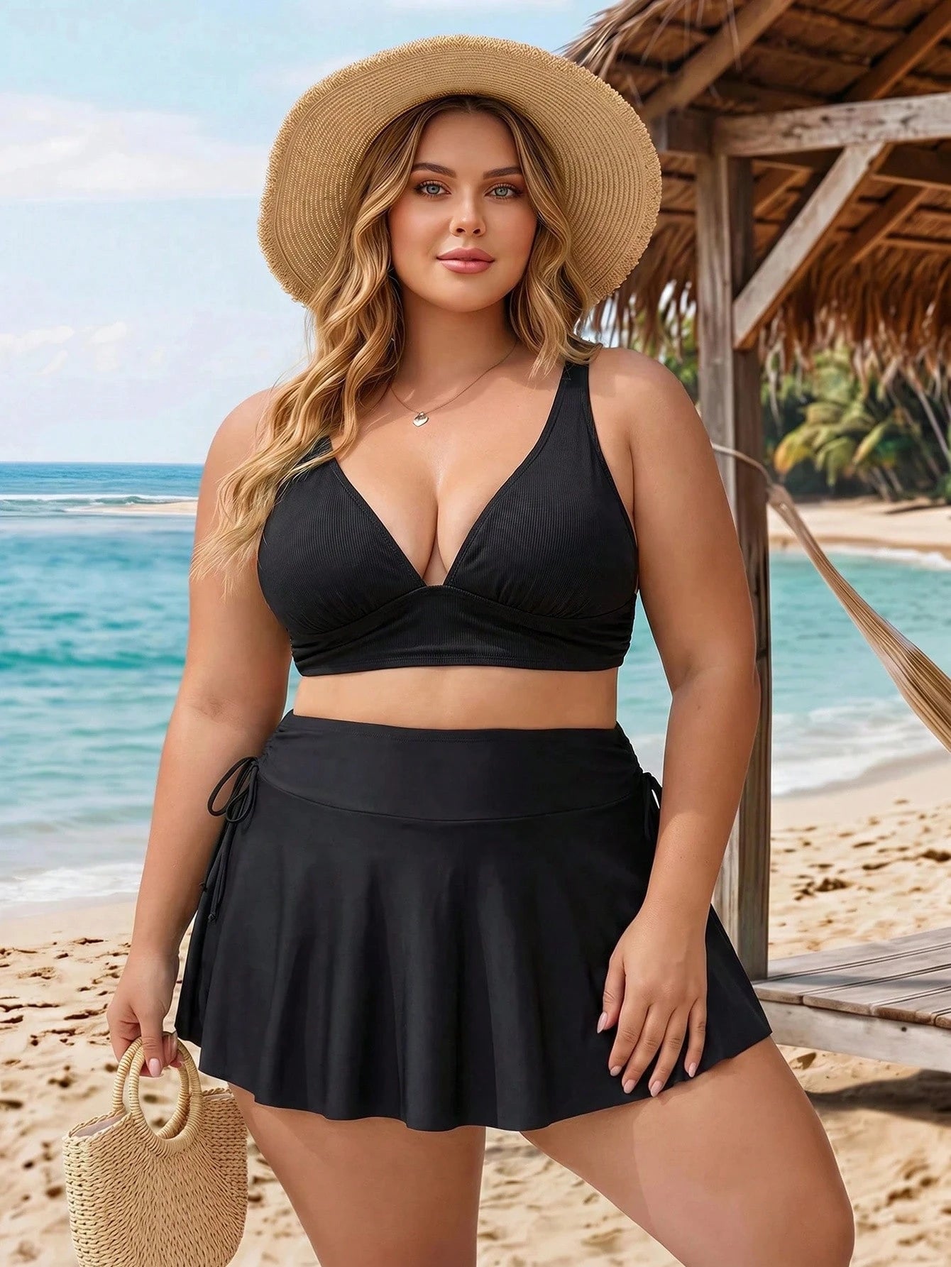 CURVE+ Plus Size Women Summer Beach Vacation Drawstring Ruched Twist Tankini Skirt
