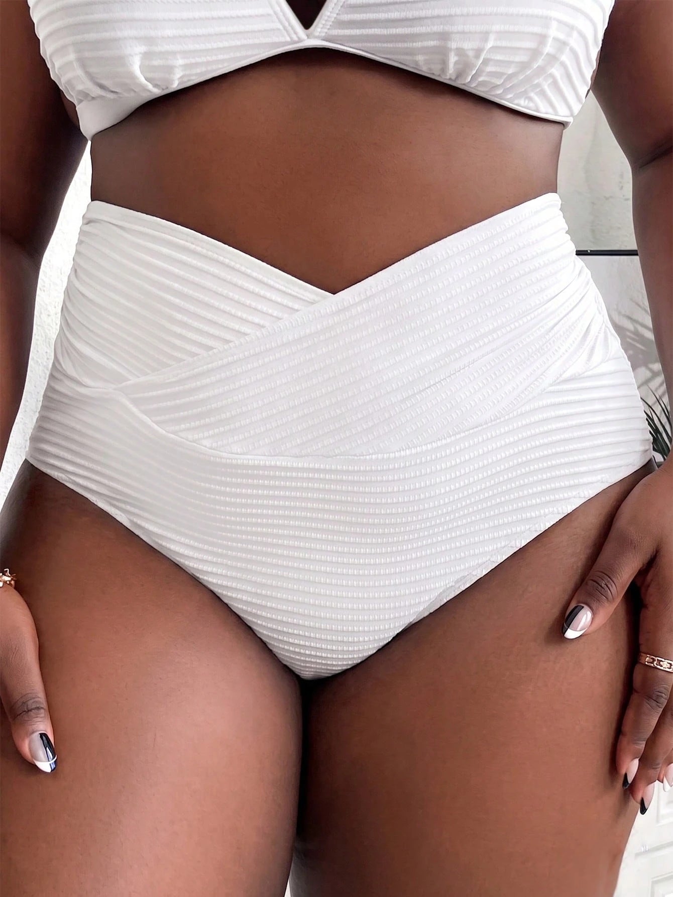 CURVE+ Plus Size Women Textured Criss-Cross Swimwear Bottom, Versatile For Beach White Summer Sexy