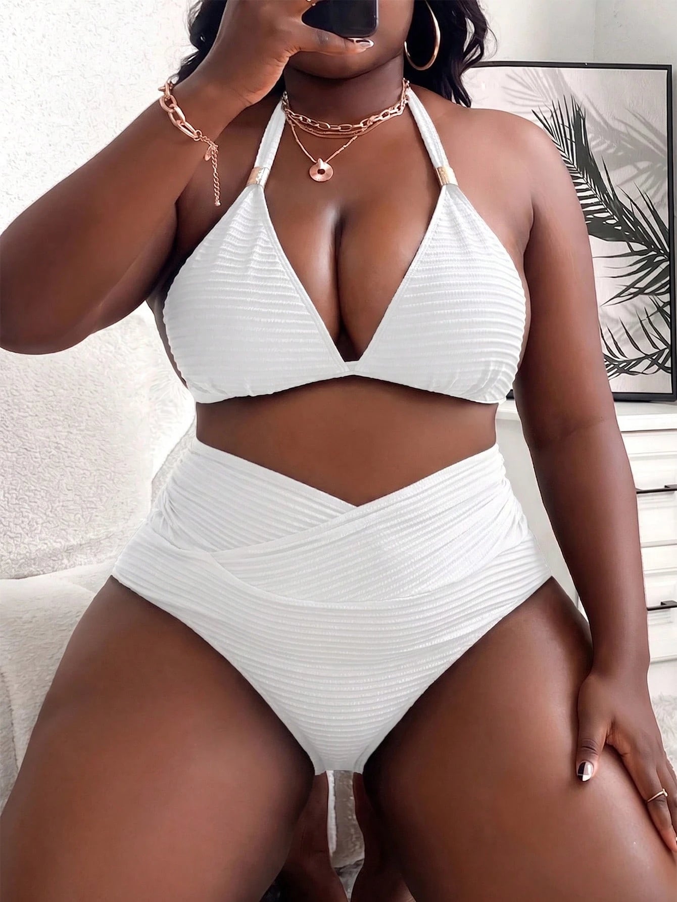 CURVE+ Plus Size Women Textured Criss-Cross Swimwear Bottom, Versatile For Beach White Summer Sexy