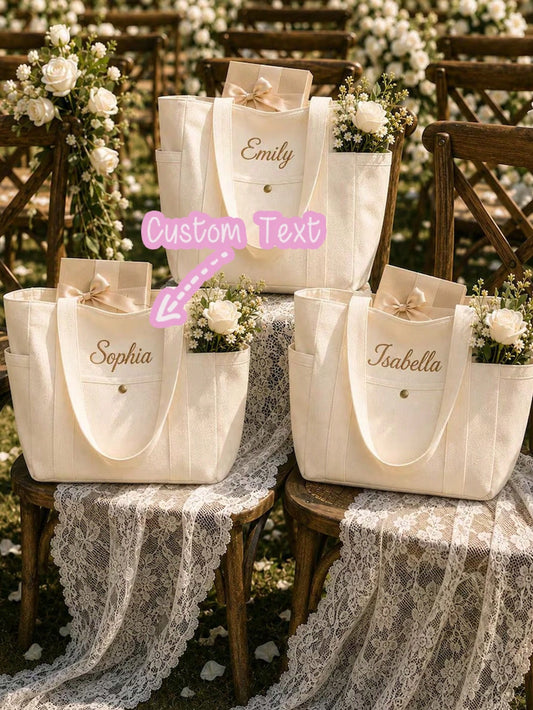 Custom Embroidered Bridesmaid Bag, Personalized Canvas Beach Bag With Letter Ribbon, Bridesmaid Wedding Gift, Bridal Party Favor