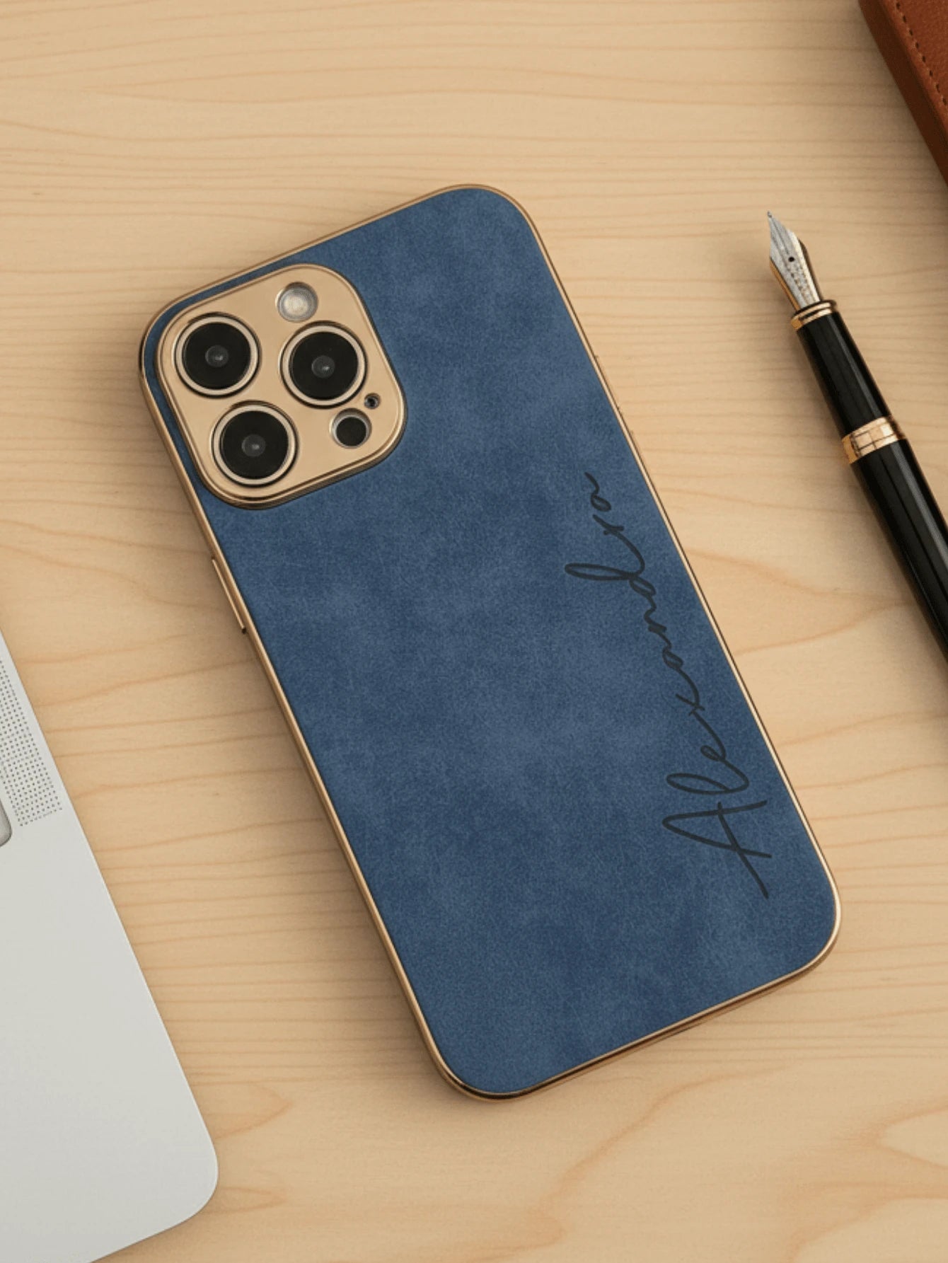 Custom Gold Foil Initials Monogram Faux Leather Phone Case, Electroplated Frame Personalized Engraved Shockproof Protective Cover Compatible WIth IPhone 17 16 15 14 13 12 11 Pro Max Plus, Minimal Luxu