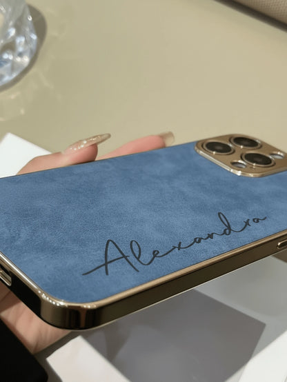 Custom Gold Foil Initials Monogram Faux Leather Phone Case, Electroplated Frame Personalized Engraved Shockproof Protective Cover Compatible WIth IPhone 17 16 15 14 13 12 11 Pro Max Plus, Minimal Luxu